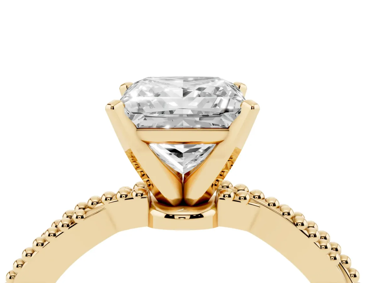 Princess Cut Solitaire Twisted Band with Bead Prong Setting Yellow gold