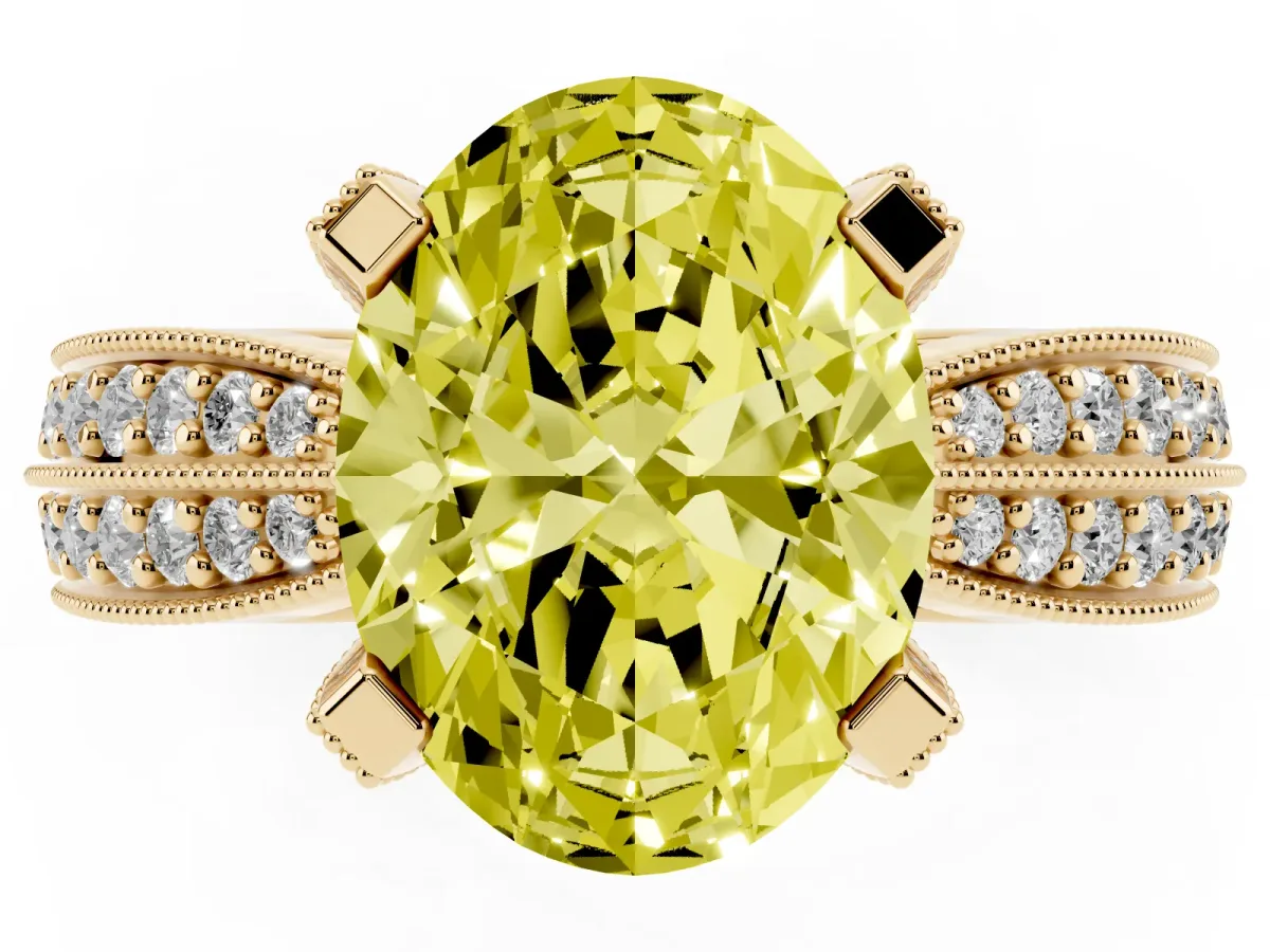 Fancy Yellow Oval Cut Diamond Solitaire Ring with Milgrain Round Pavé Band and Prong Setting Yellow gold