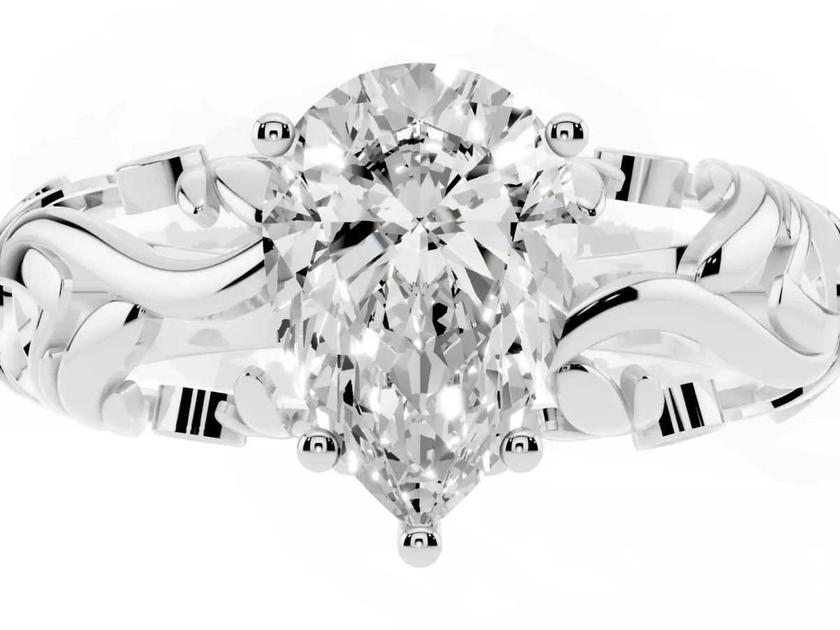 Pear Cut Solitaire Diamond Leaf-Inspired Vine Band Ring with Prong Setting Silver