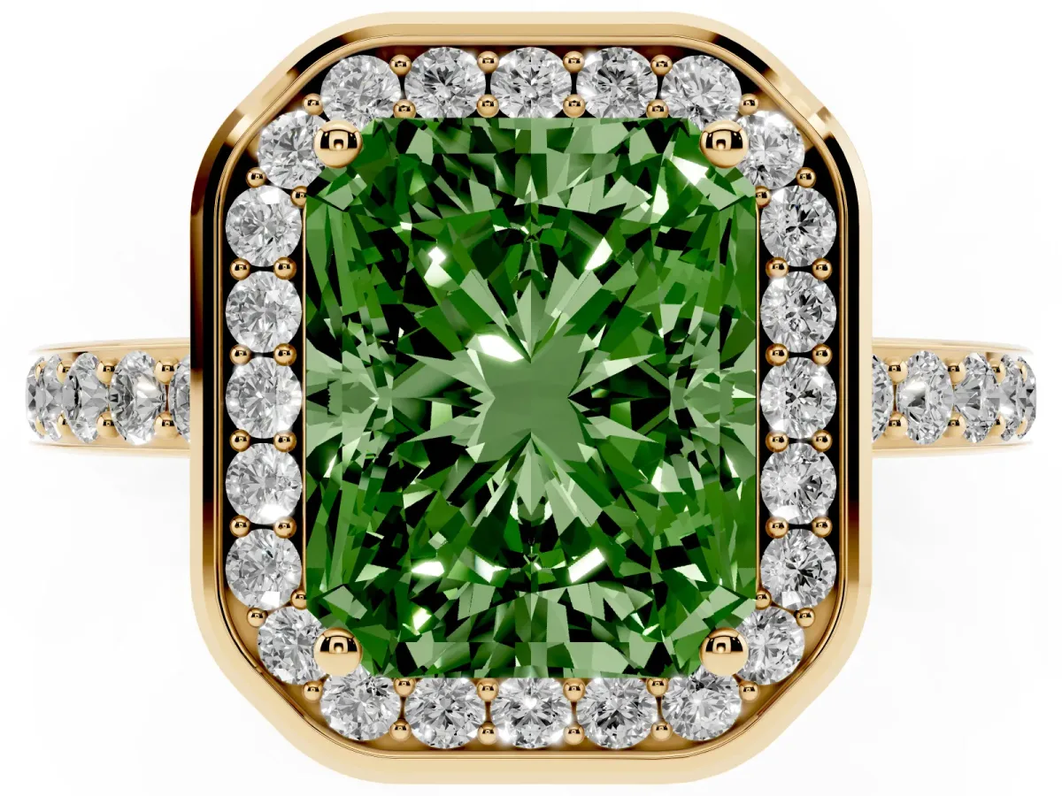 Fancy Green Radiant Cut Diamond Halo Ring with Bezel Frame and Pavé Band Yellow gold