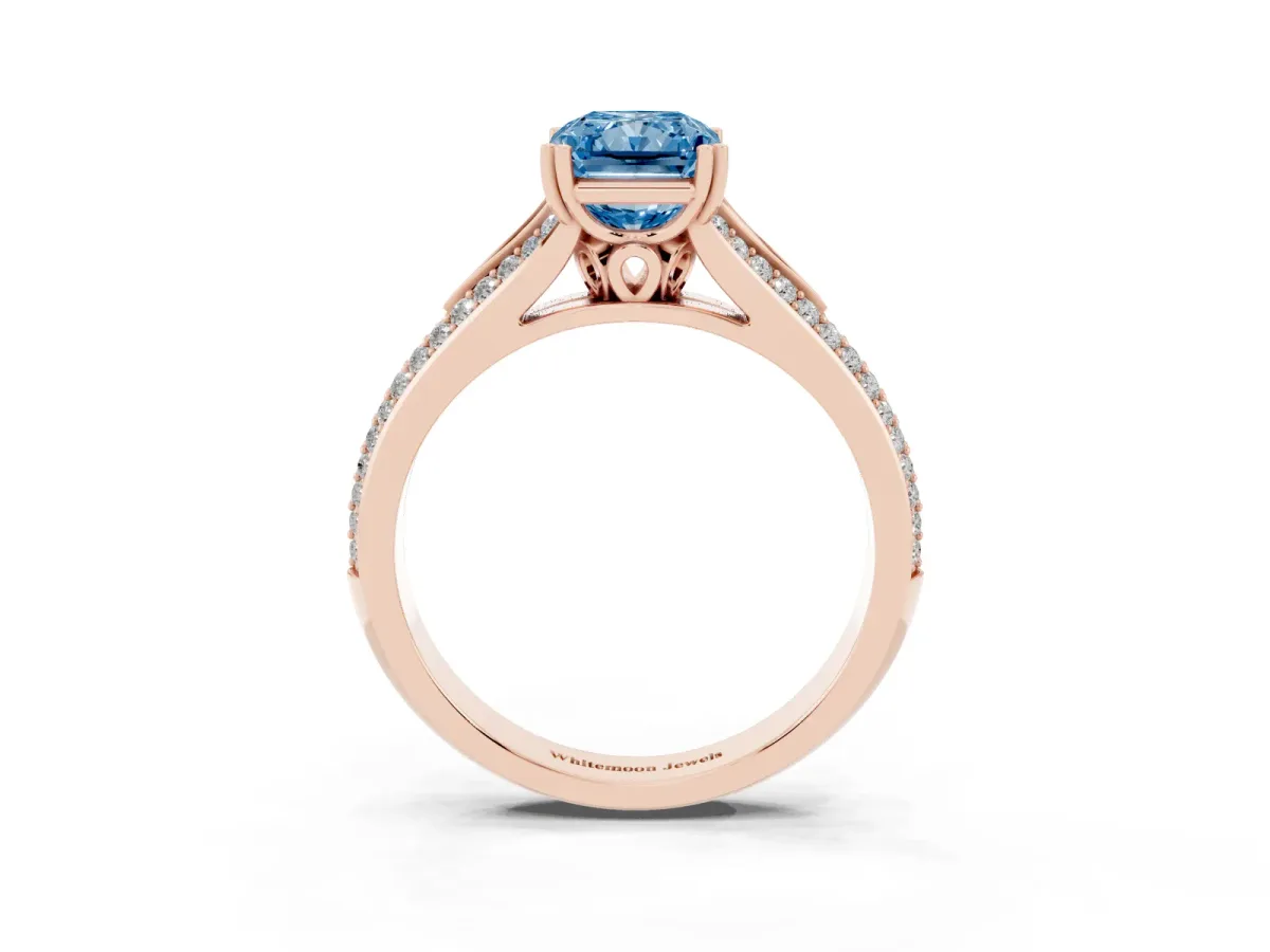 Fancy Blue Radiant Cut Diamond Split Shank Engagement Ring with Pavé Band Rose gold