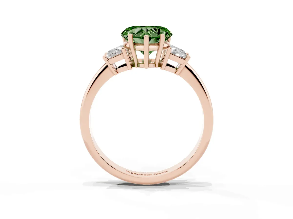 Fancy Green Heart Cut Diamond Three-Stone Ring with Trapezoid Side Stones and Prong Setting Rose gold