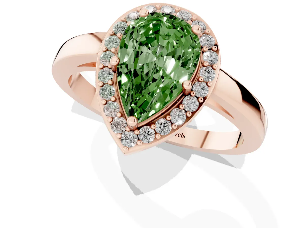 Fancy Green Pear Cut Halo Diamond Ring with Solitaire Band and Prong Setting Rose gold