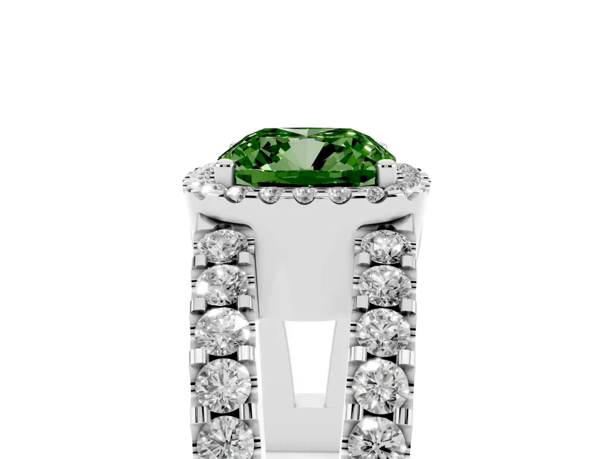 Fancy Green Cushion Cut Cut Halo Split Shank Diamond Ring with Four-Prong Setting Silver