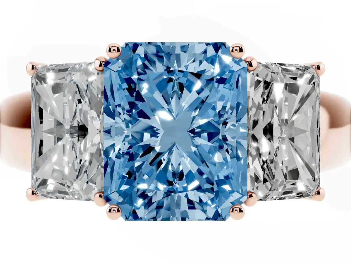 Fancy Blue Three-Stone Radiant Cut Cut Diamond Ring with Prong Setting and Classic Band Rose gold