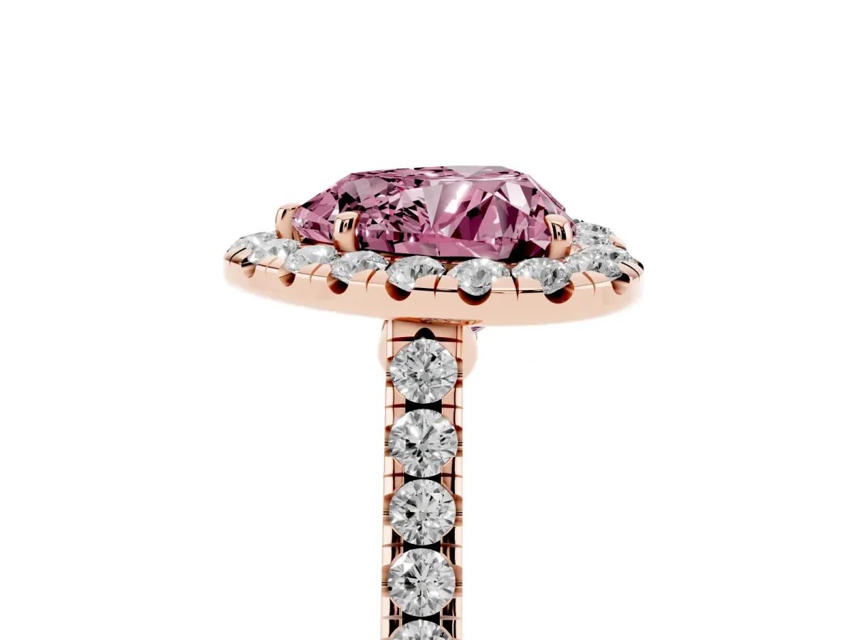 Fancy Pink Heart Cut Halo Pave Diamond Engagement Ring with Four-Prong Setting Rose gold
