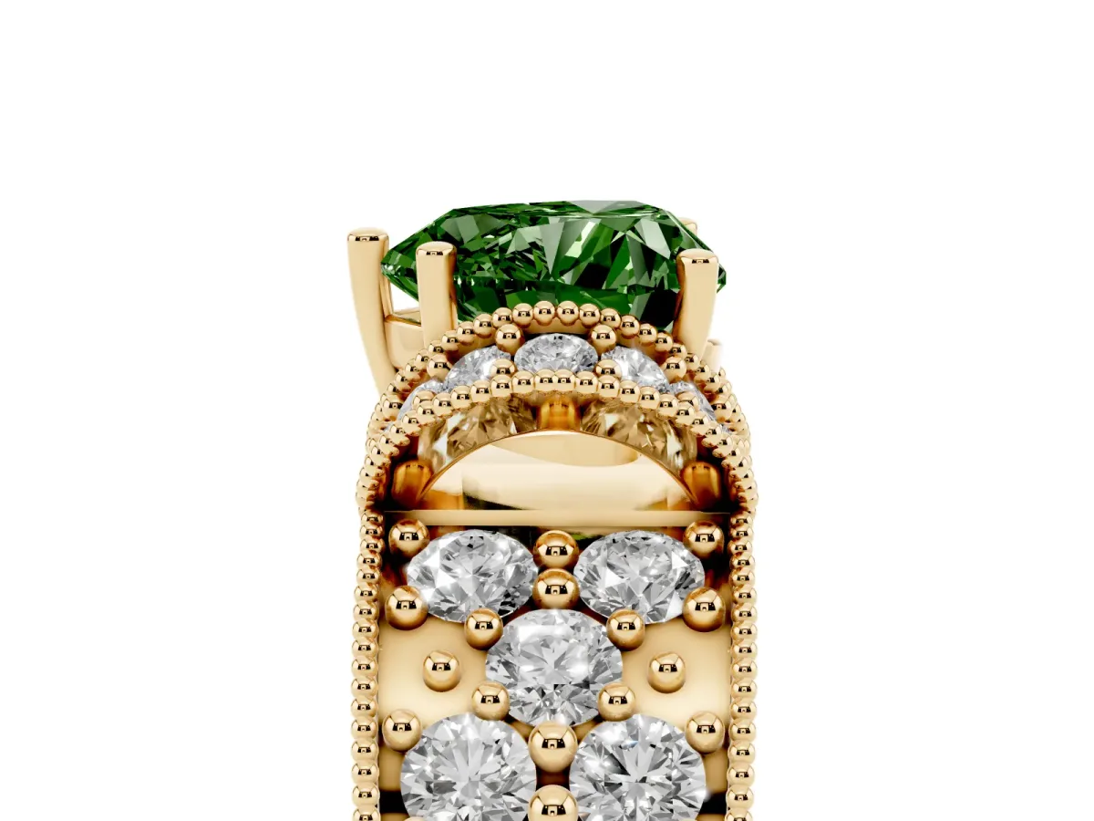 Fancy Green Heart Cut Halo Pave Diamond Engagement Ring with Milgrain Detailing Yellow gold