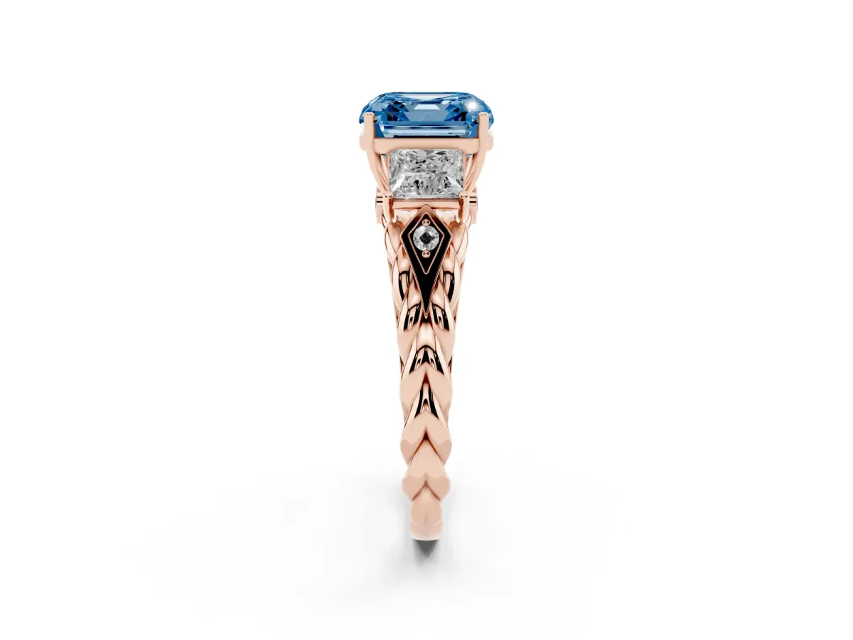 Fancy Blue Three-Stone Asscher Cut Diamond Braided Band Ring with Four-Prong Setting Rose gold