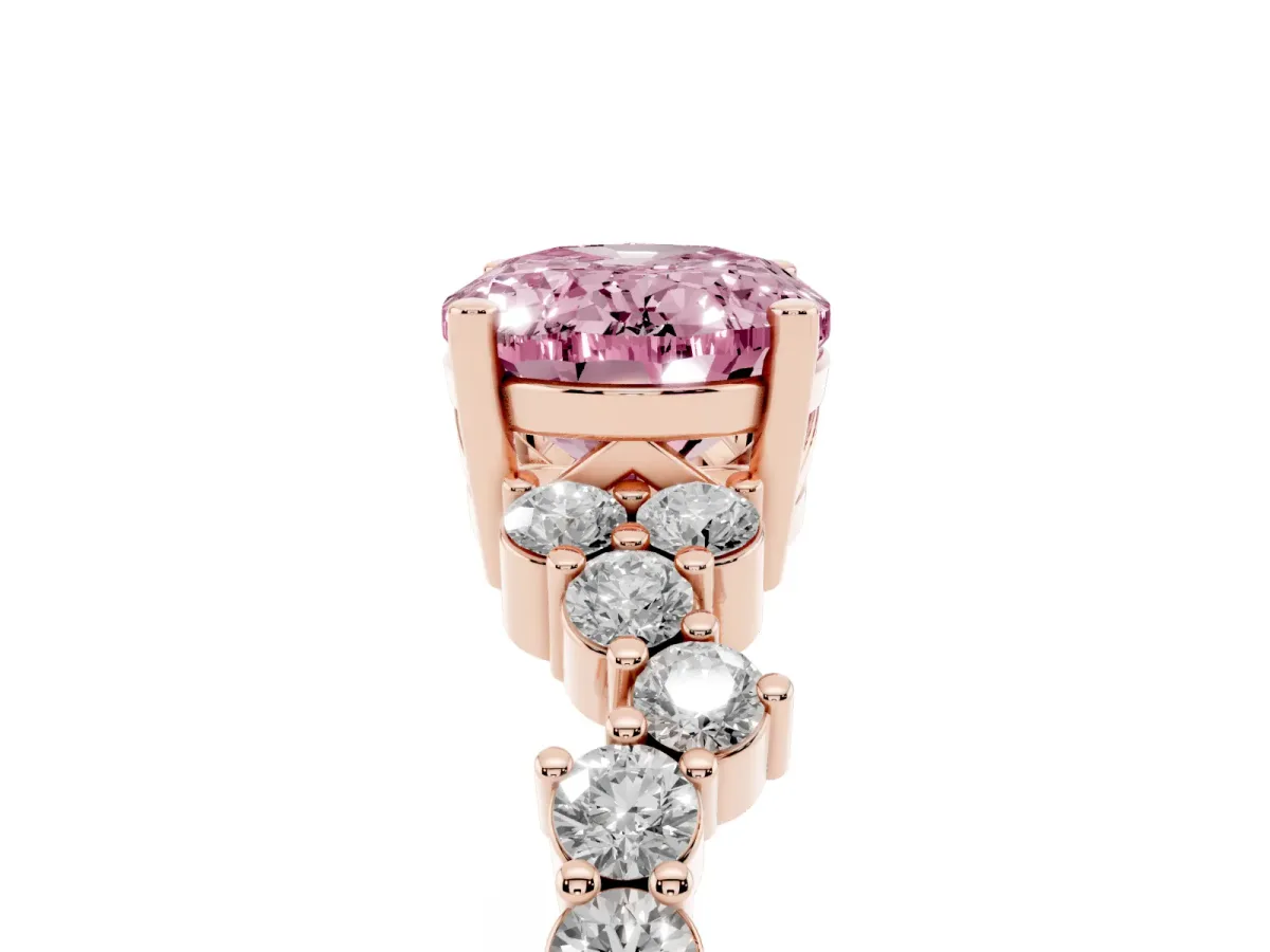 Fancy Pink Oval Cut Diamond Scattered Round Accent Ring with Prong Setting Rose gold