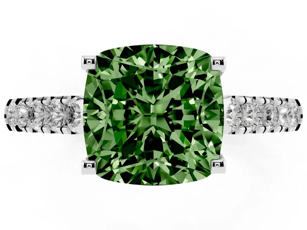 Fancy Green Cushion Cut Diamond Pavé Band Solitaire Ring with Prong Setting Silver