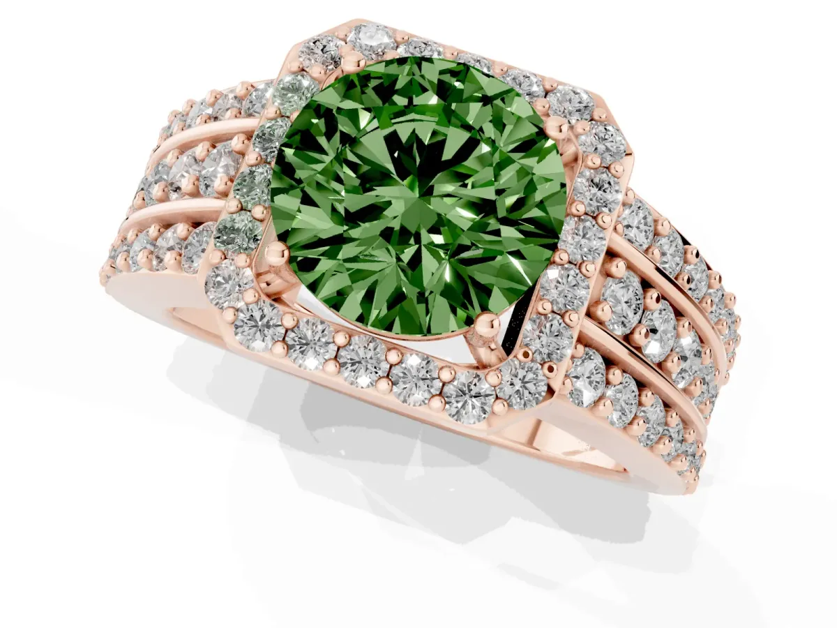 Fancy Green Round Cut Halo Diamond Ring with Round Split Shank and Prong Setting Rose gold