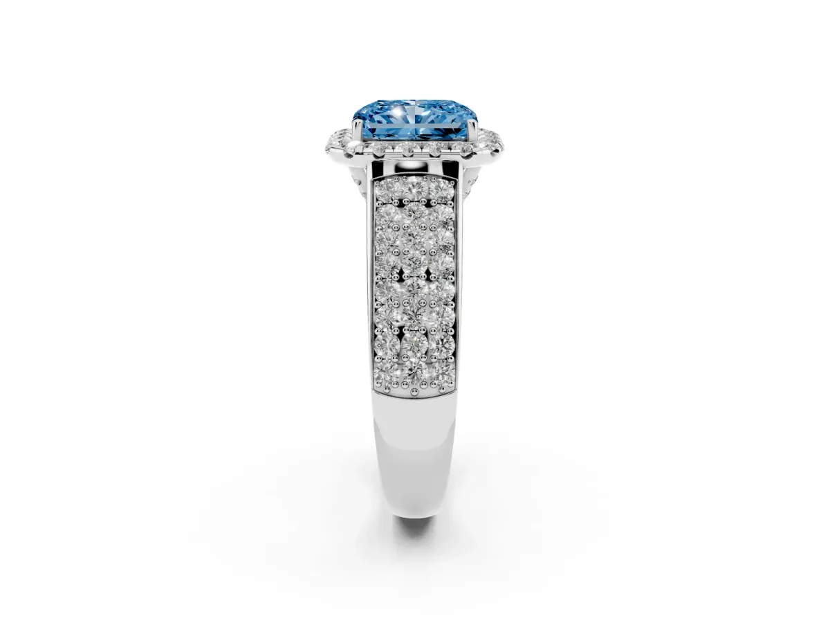 Fancy Blue Radiant Cut Halo Round Diamond Pave Band with Prong Setting Silver