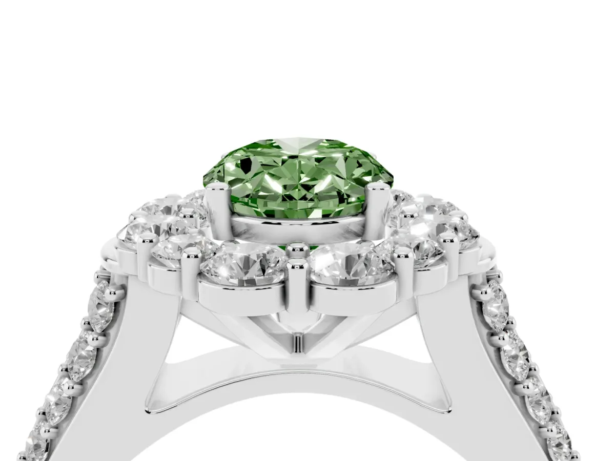 Fancy Green Oval Cut Halo Diamond Engagement Ring with Split Shank and Prong Setting Silver