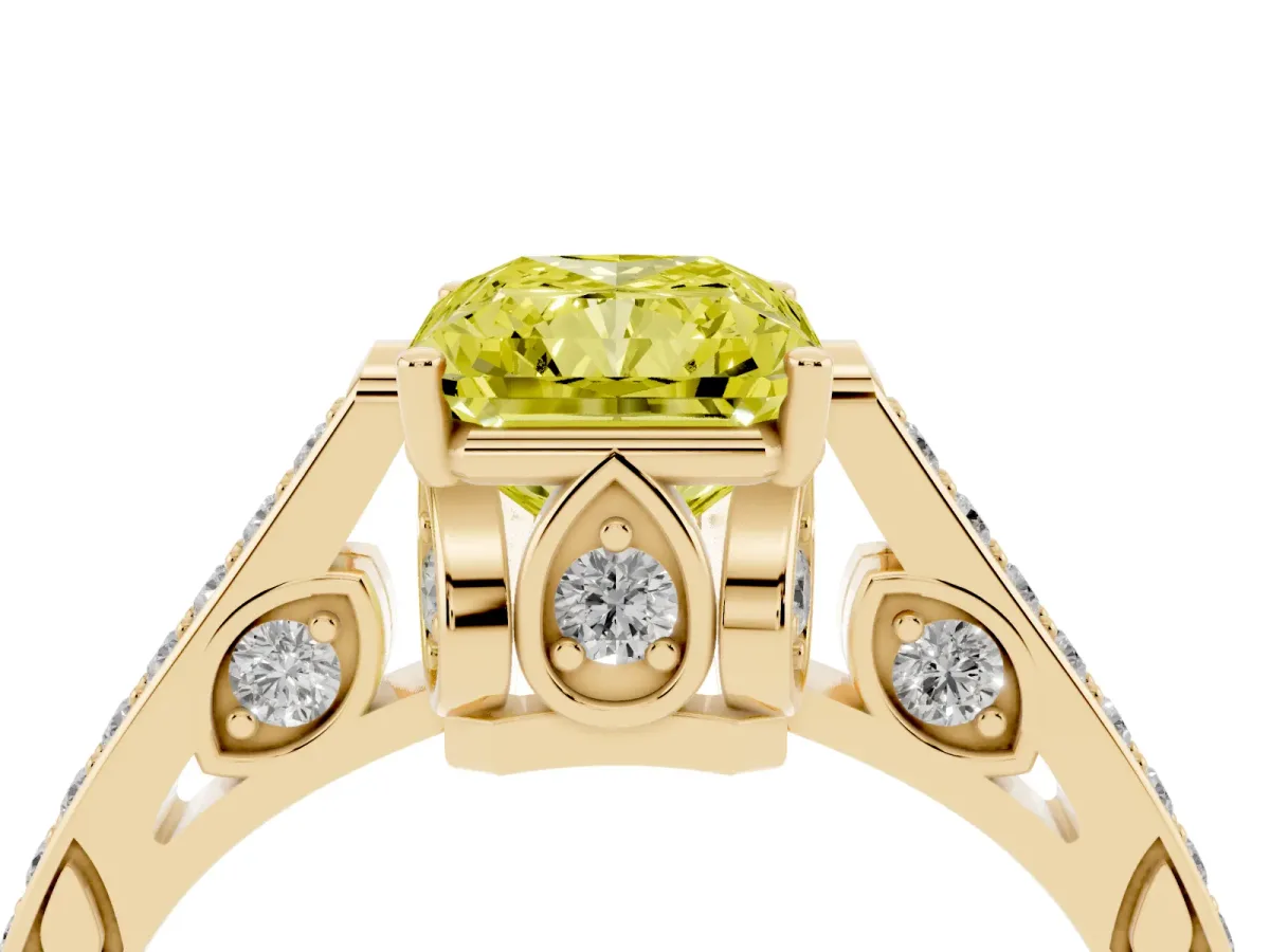 Fancy Yellow Radiant Cut Cut Cathedral Pave Diamond Engagement Ring with Six-Prong Setting Yellow gold