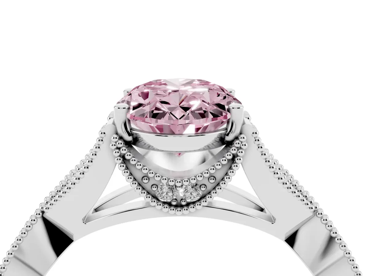 Fancy Pink Oval Cut Cut Diamond Twisted Band with Milgrain Pave Setting and Four-Prong Setting Silver