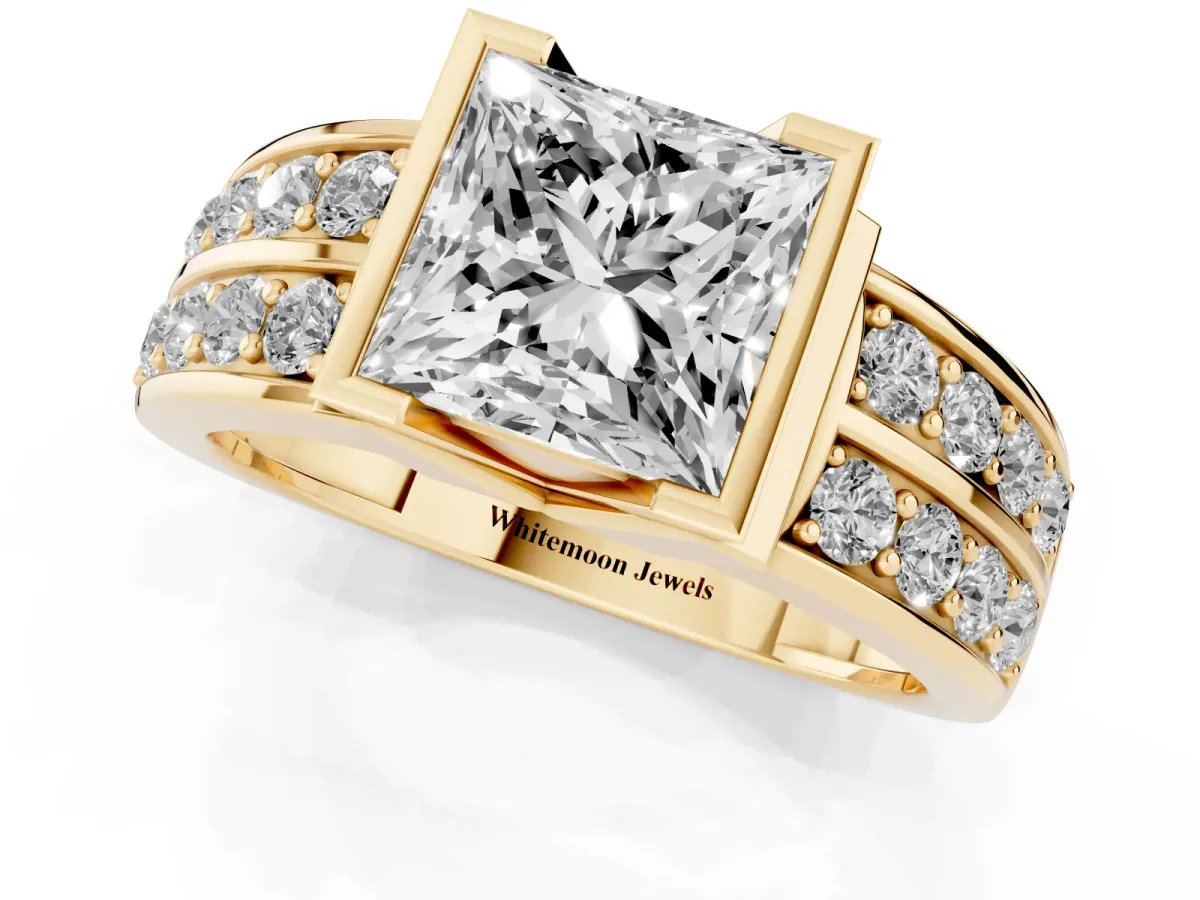 Princess Cut Brilliant Diamond Channel Set Wide Band Ring with Bezel Setting Yellow gold
