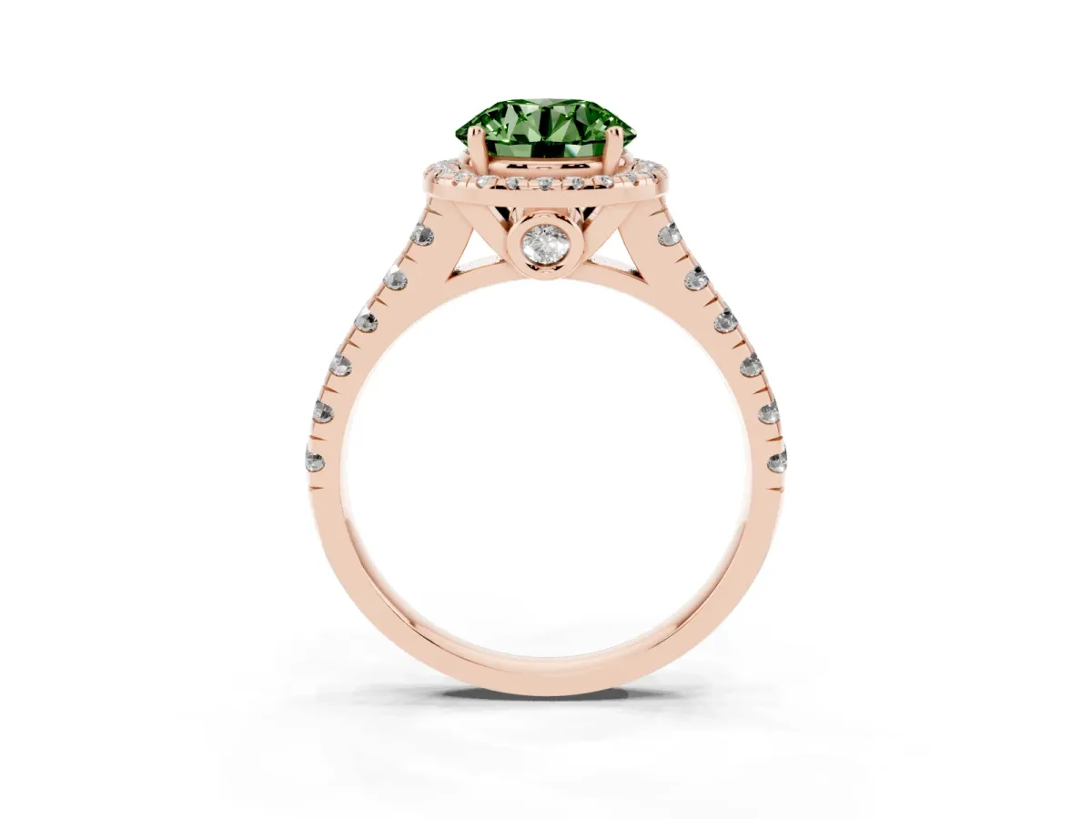 Fancy Green Round Cut Halo Pavé Diamond Engagement Ring with Four-Prong Setting Rose gold