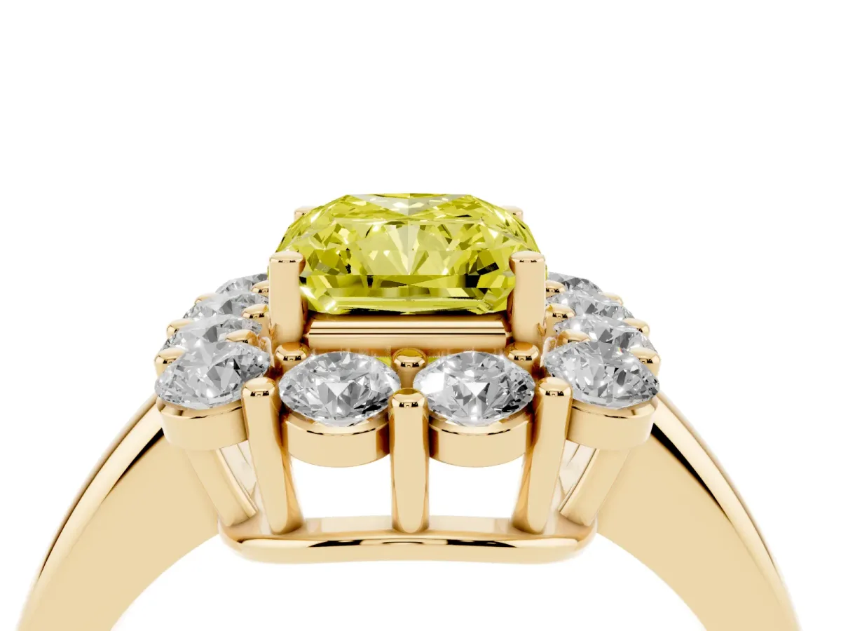 Fancy Yellow Radiant Cut Halo Cluster Diamond Engagement Ring with Prong Setting and Polished Band Yellow gold