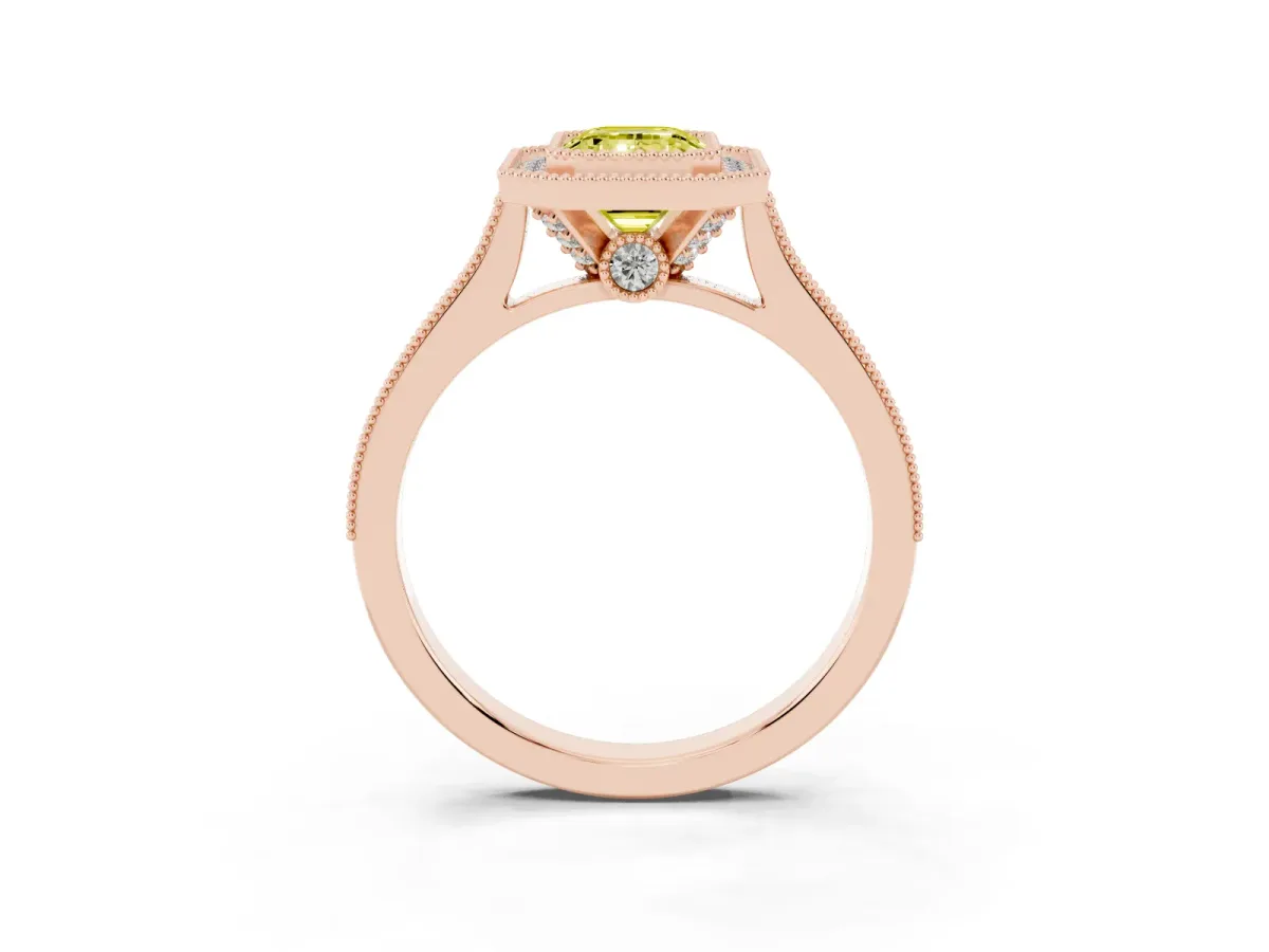 Fancy Yellow Halo Emerald Cut-Cut Diamond Pave Band Milgrain Prong Setting Ring Rose gold