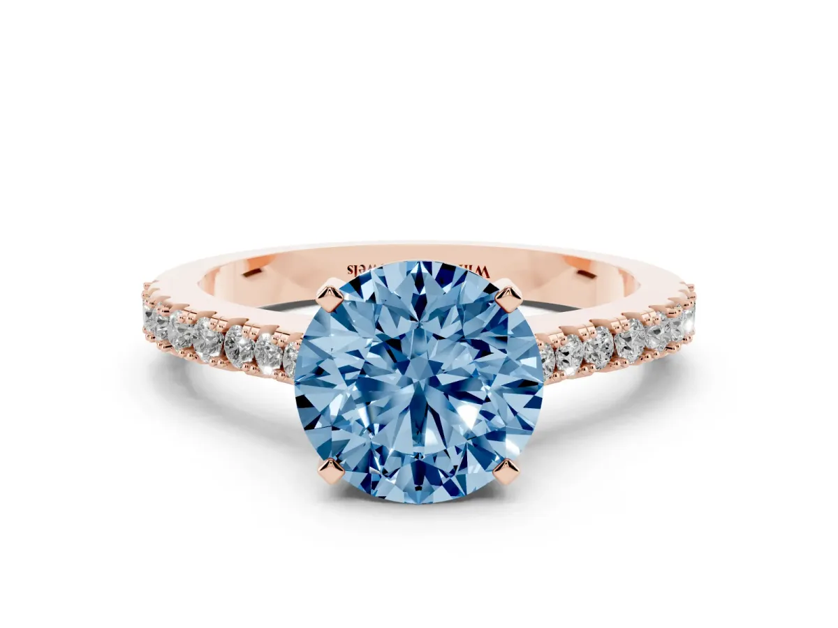 Fancy Blue Round Cut Cut Solitaire Diamond Engagement Ring with Pave Band and Four-Prong Setting Rose gold