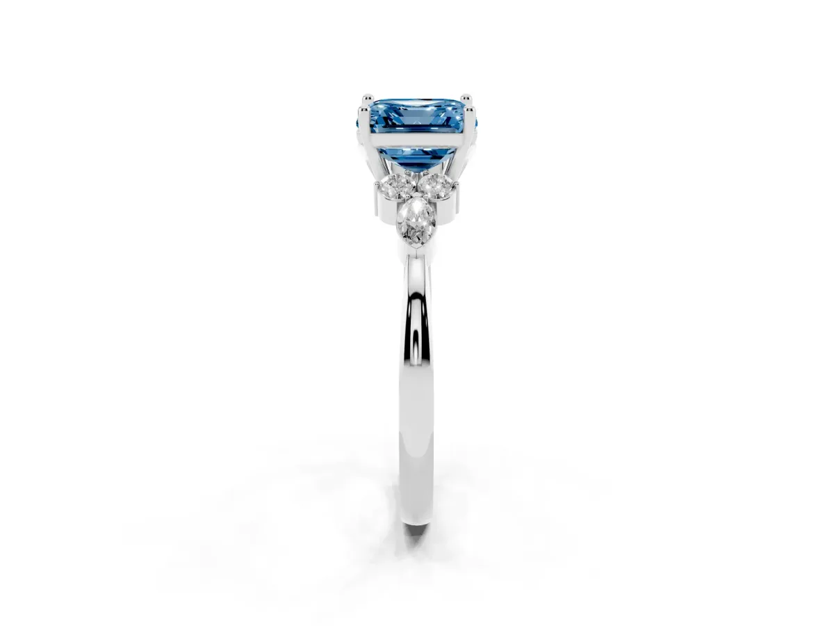 Fancy Blue Asscher Cut Brilliant Diamond Solitaire Ring with Pear Side Stones and Four-Prong Setting Silver