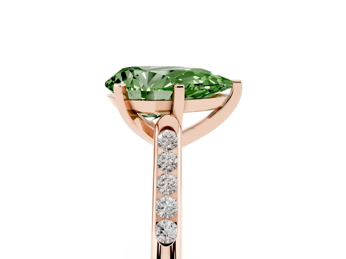 Fancy Green Pear Cut Diamond Solitaire Ring with Channel Set Round Band and Prong Setting Rose gold