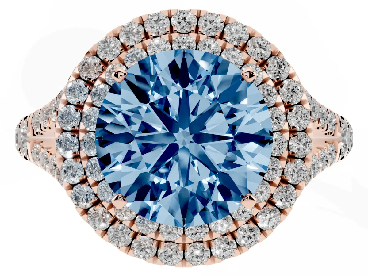 Fancy Blue Round Cut Diamond Pavé Split Shank Double Halo Engagement Ring Rose gold