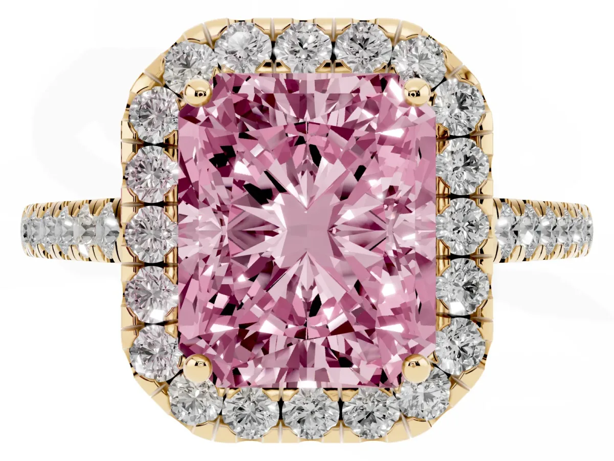 Fancy Pink Radiant Cut Halo Pave Diamond Engagement Ring with Four-Prong Setting Yellow gold