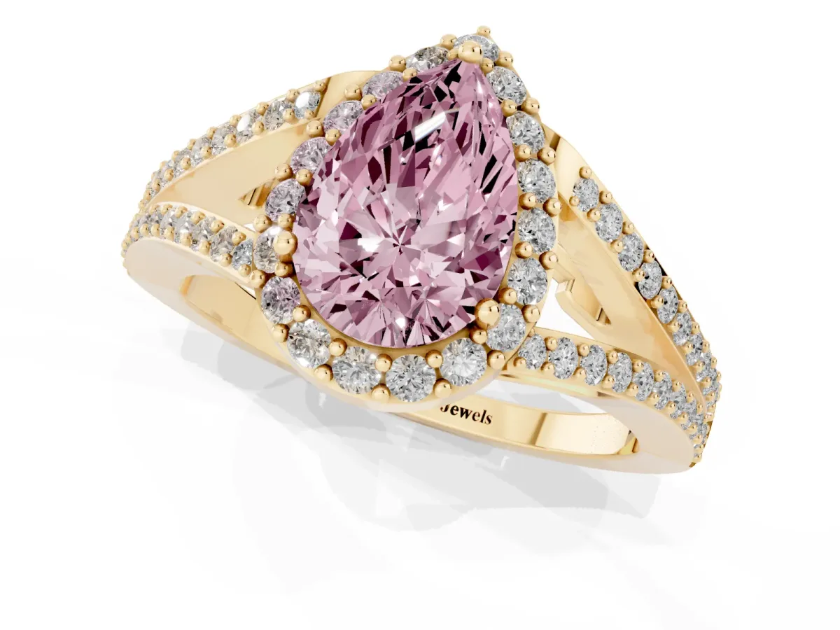 Fancy Pink Pear Cut Halo Split Shank Diamond Ring with Prong Setting Yellow gold