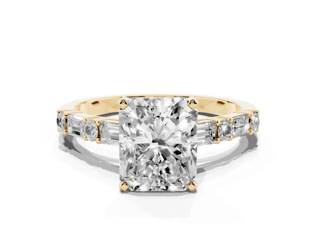 Radiant Cut Diamond Solitaire with Side Baguettes and Channel Set Band Yellow gold