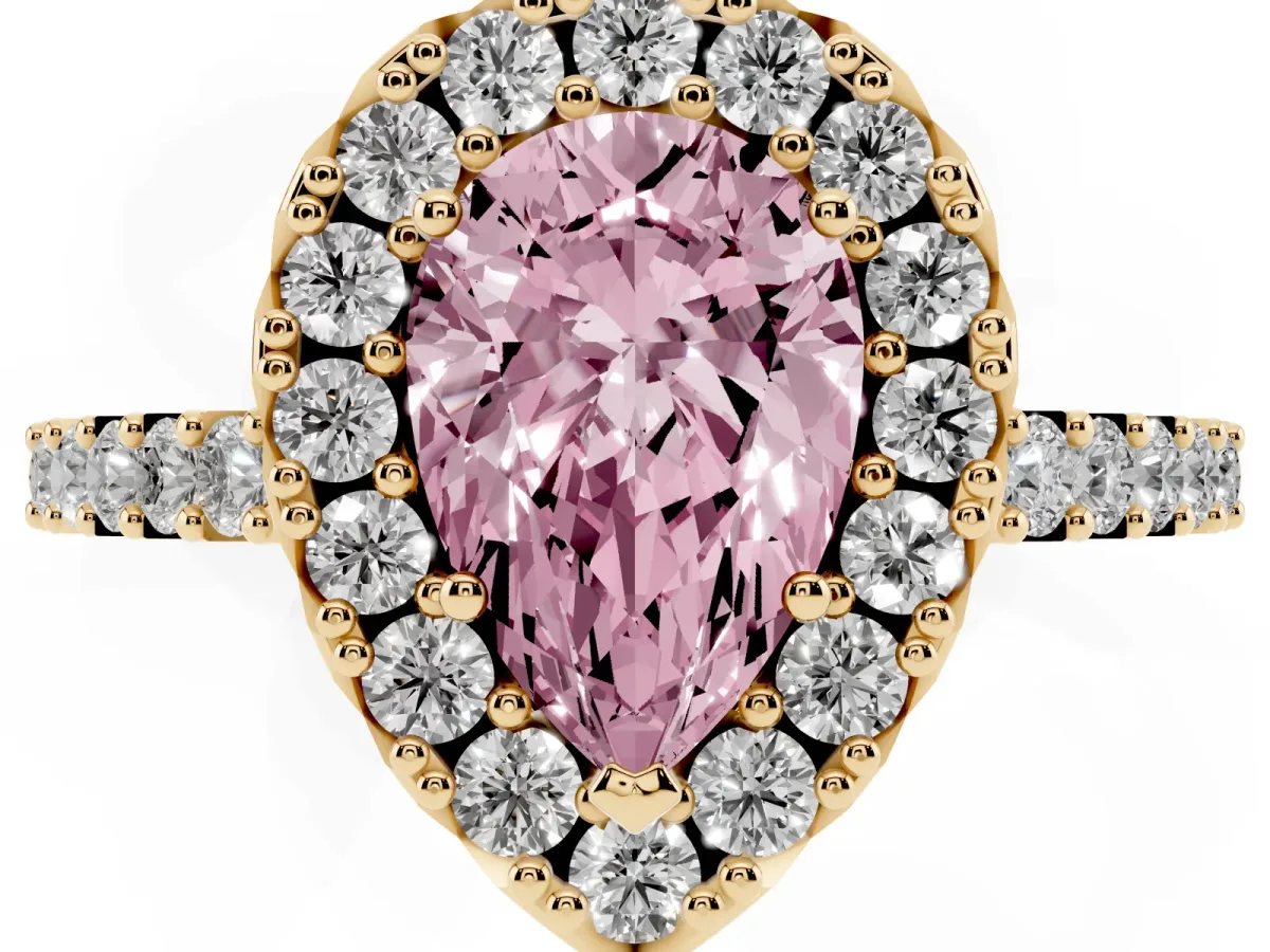 Fancy Pink Pear Cut Halo Diamond Pavé Solitaire Ring Yellow gold