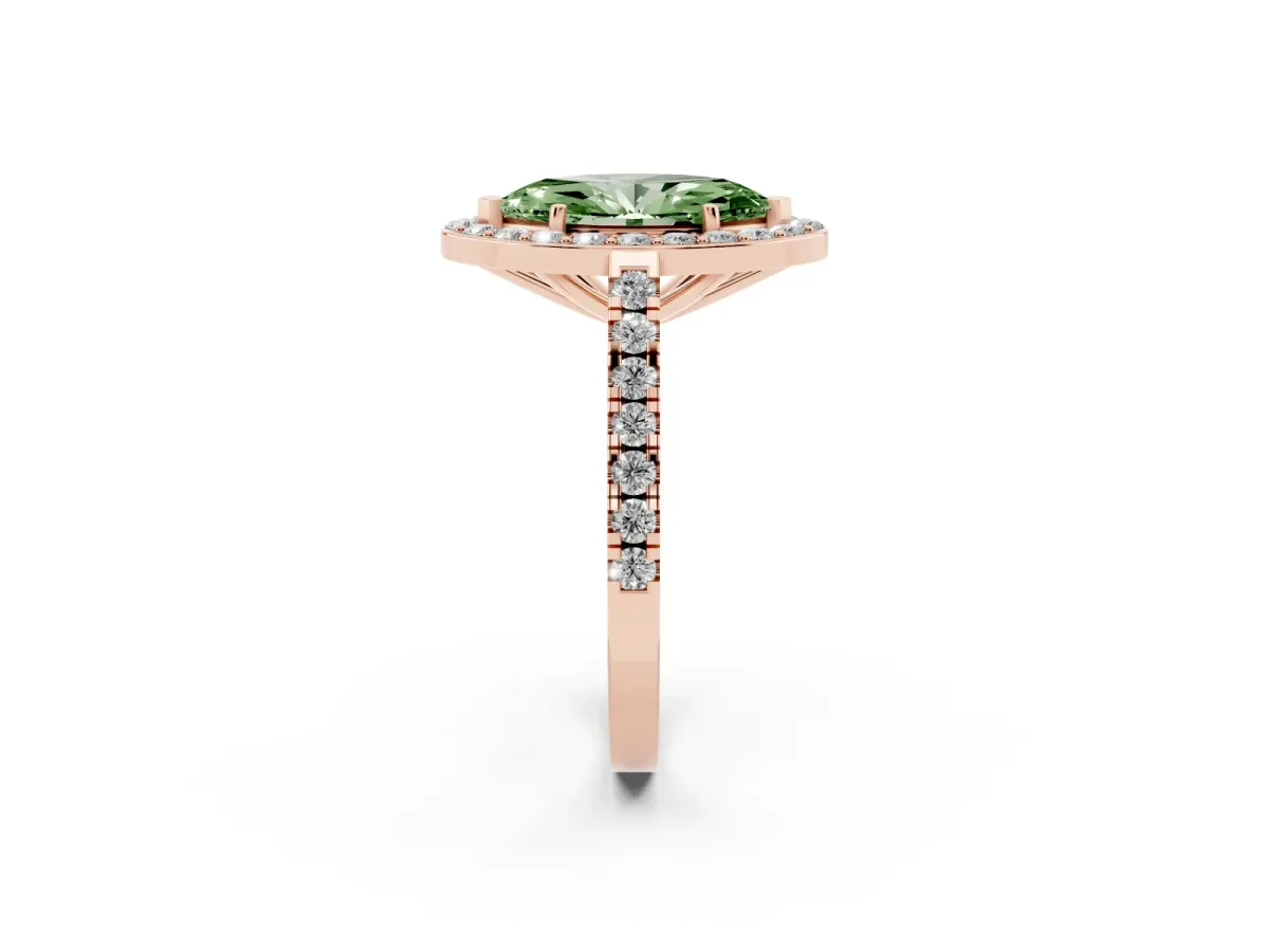 Fancy Green Marquise Cut Diamond Halo Ring with Round Pavé Split Shank and Prong Setting Rose gold
