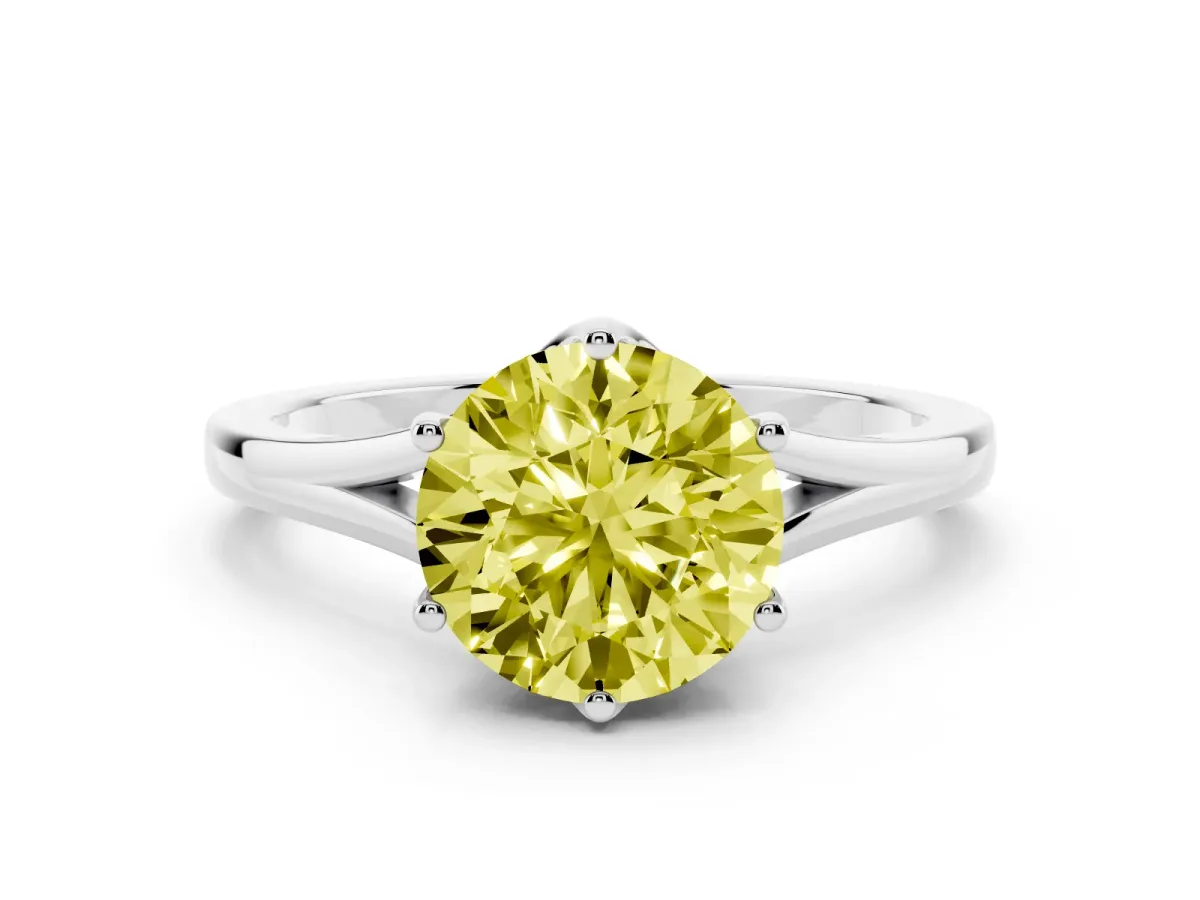 Fancy Yellow Round Cut Solitaire Diamond Ring with Six-Prong Setting and Tapered Band Platinum