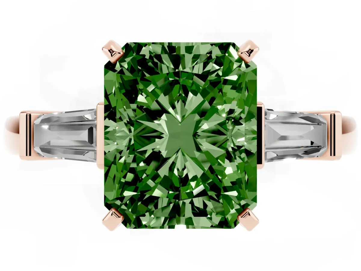 Fancy Green Radiant Cut Cut Diamond Solitaire Ring with Tapered Baguette Accents and Four-Prong Setting Rose gold