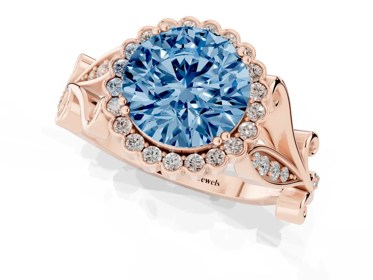 Fancy Blue Round Cut Diamond Halo Ring with Vintage Split Shank and Four-Prong Setting Rose gold