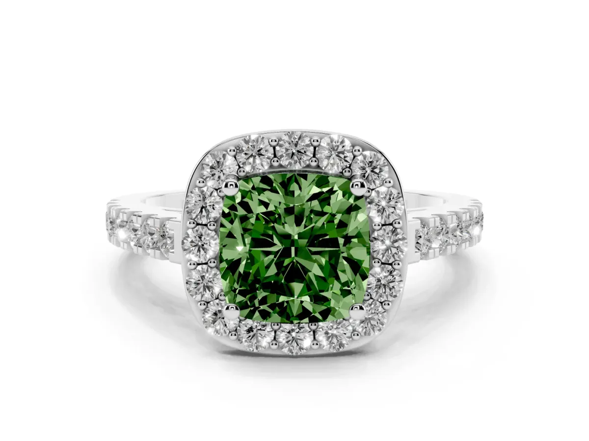 Fancy Green Cushion Cut Diamond Halo Ring with Round Pavé Split Shank and Prong Setting Silver