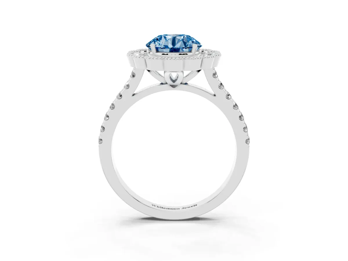 Fancy Blue Round Cut Cut Diamond Milgrain Floral Halo Engagement Ring with Pavé Band Silver