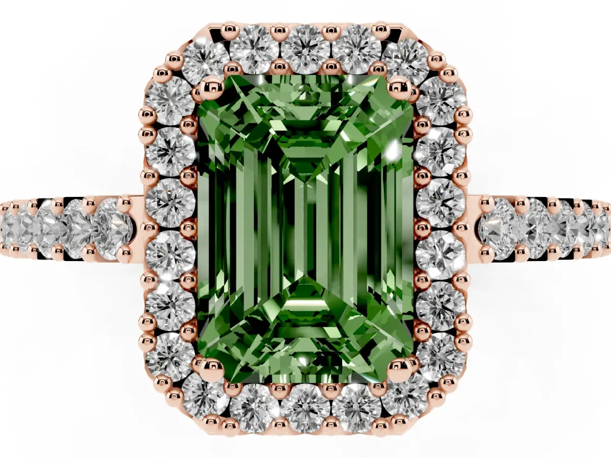 Fancy Green Emerald Cut Halo Diamond Pavé Solitaire Ring Rose gold