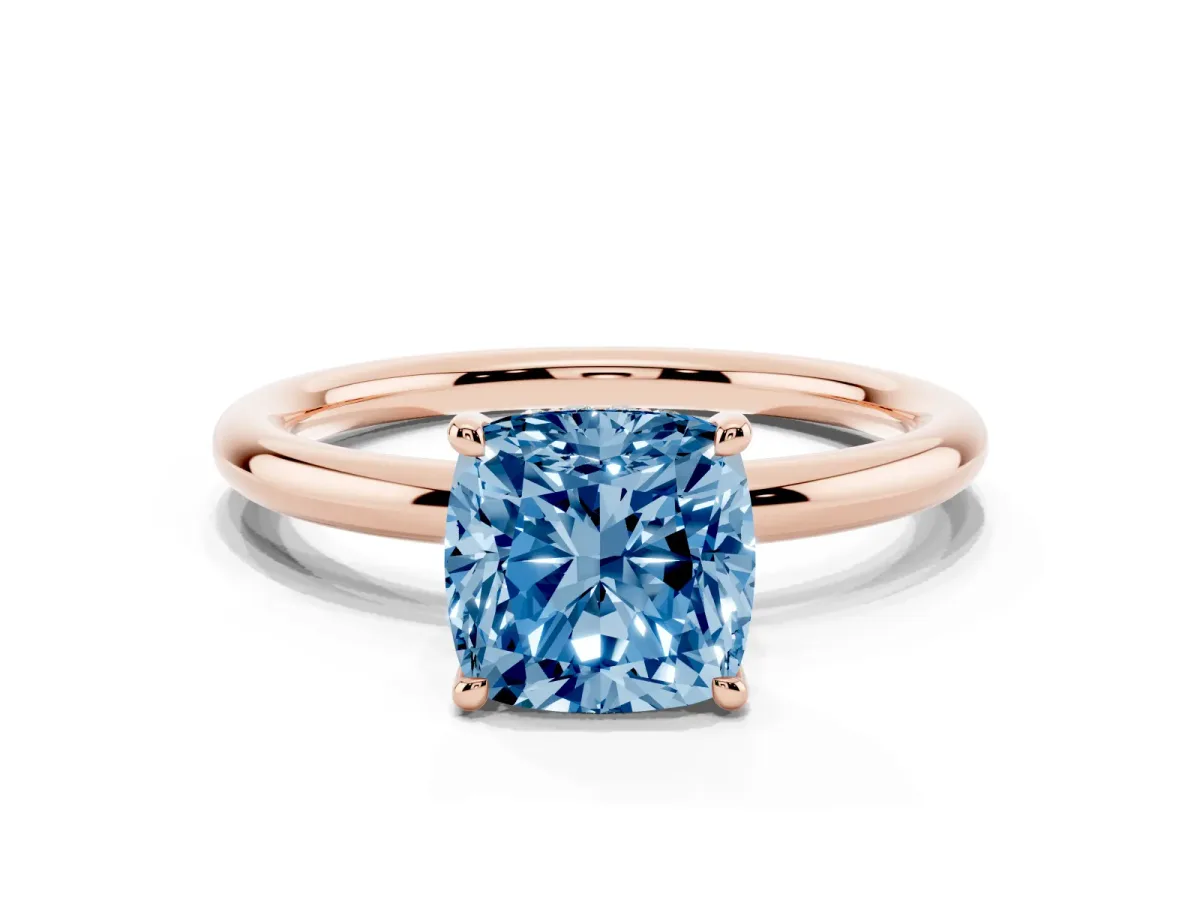Fancy Blue Cushion Cut Diamond Solitaire Ring with Thin Band and Four-Prong Setting Rose gold