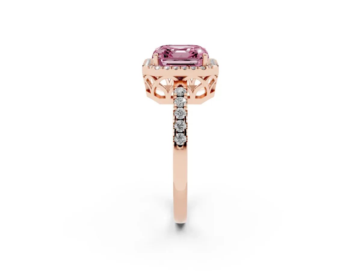 Fancy Pink Asscher Cut Halo Diamond Engagement Ring with Pavé Band and Four-Prong Setting Rose gold