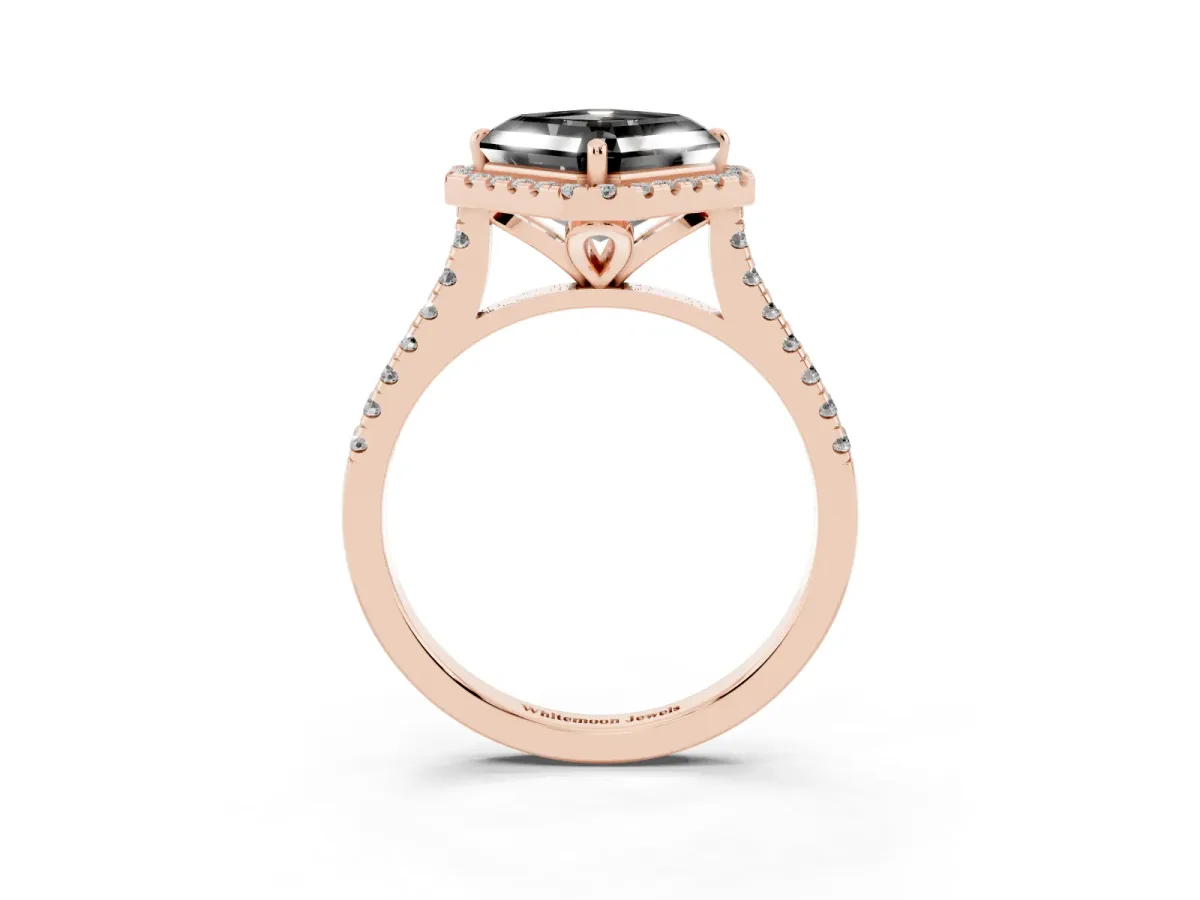 Fancy Black Asscher Cut Diamond Cushion Halo Ring with Pavé Band Rose gold