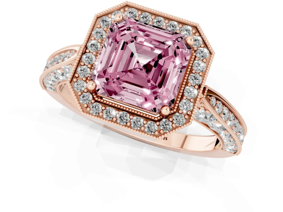 Fancy Pink Asscher Cut Halo Diamond Engagement Ring with Split Shank Band and Four-Prong Setting Rose gold