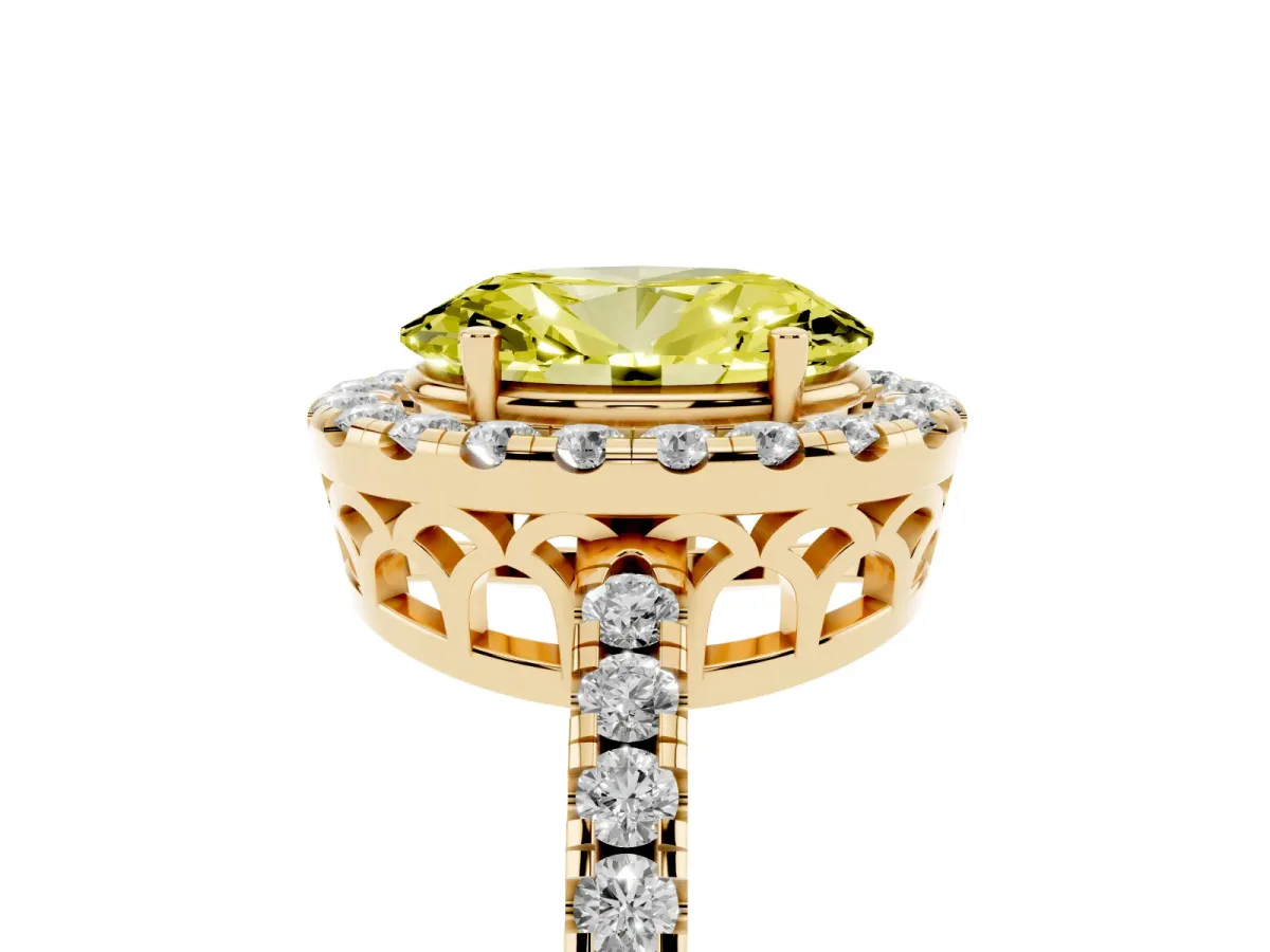 Fancy Yellow Oval Cut Halo Diamond Engagement Ring with Pavé Band and Four-Prong Setting Yellow gold