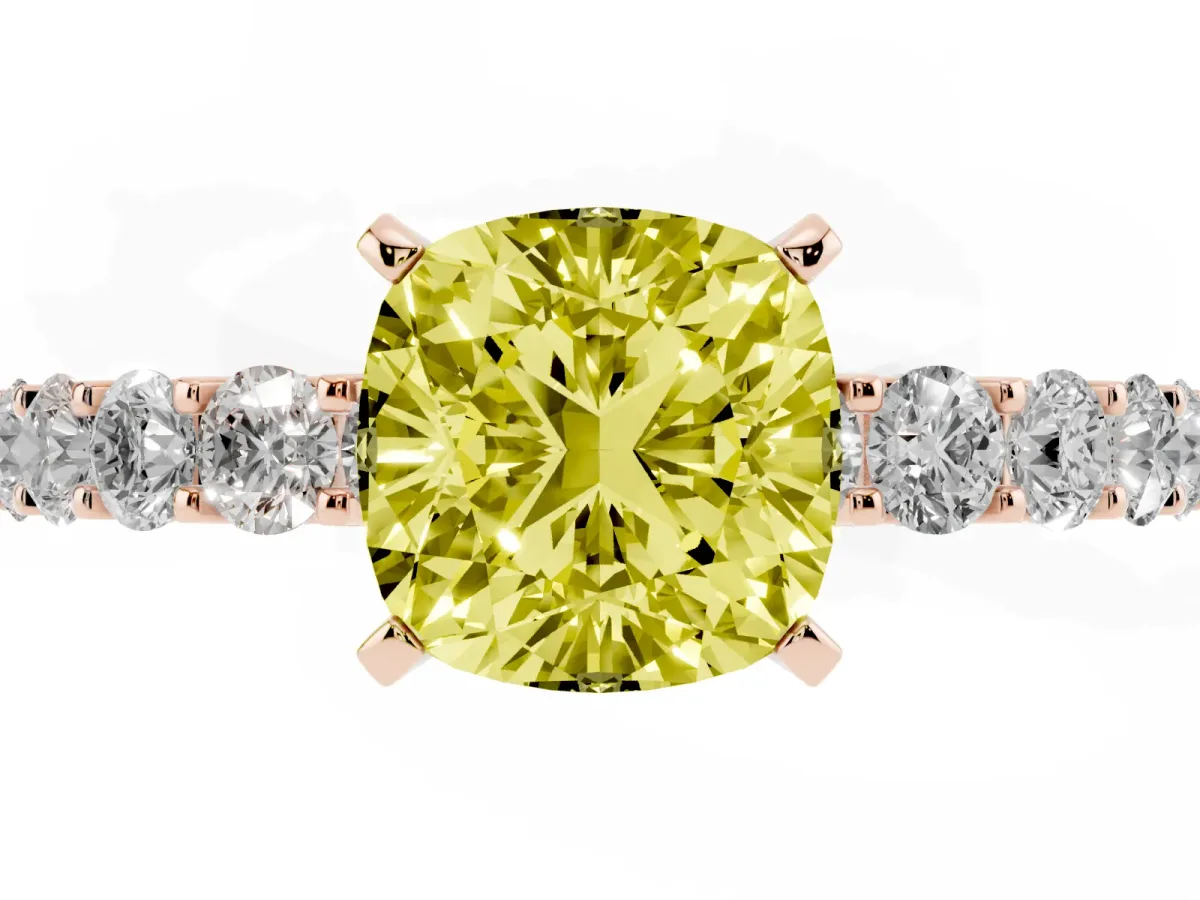 Fancy Yellow Cushion Cut Diamond Solitaire Ring with Shared Prong Pavé Band and Four-Prong Setting Rose gold