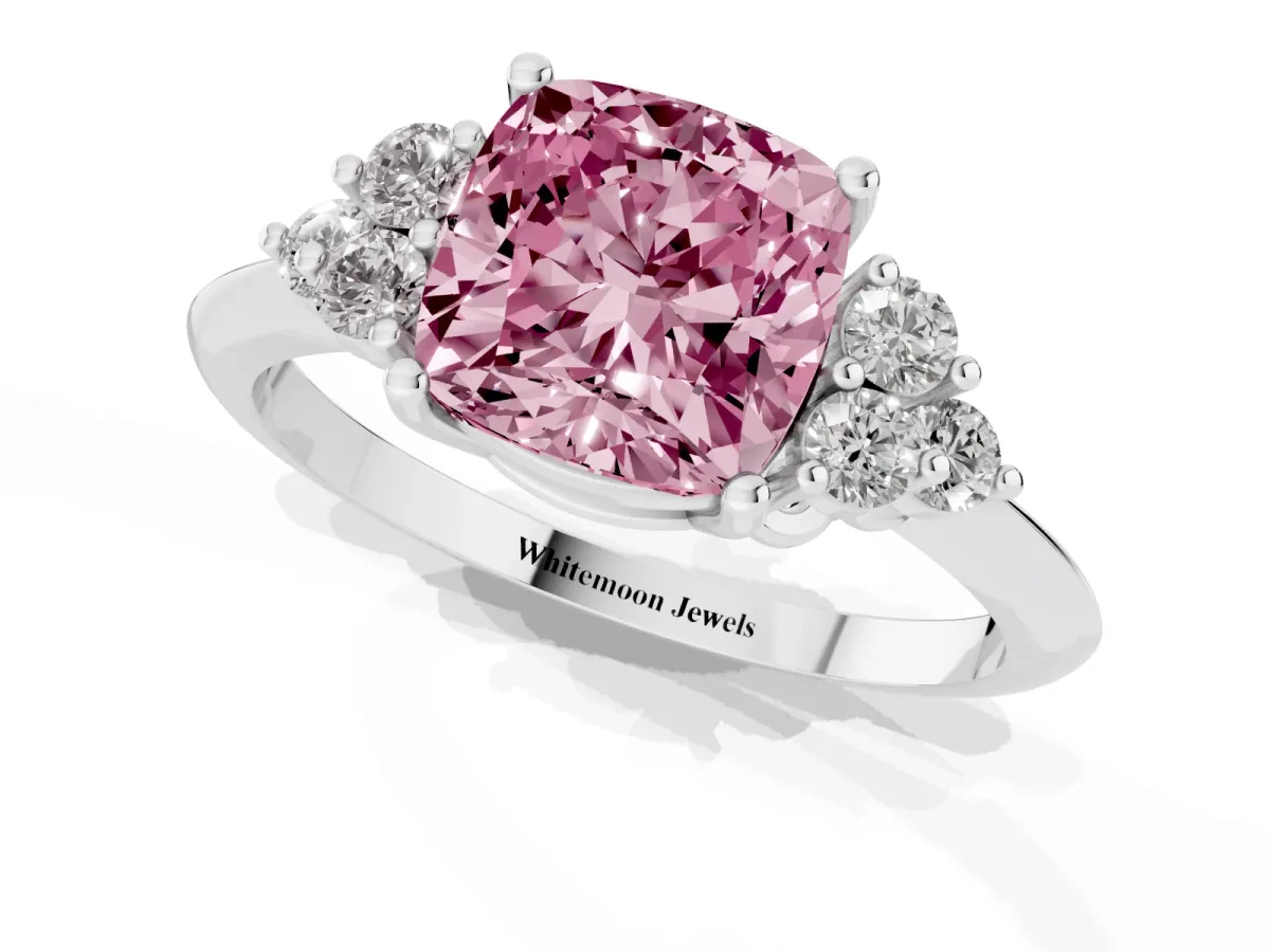 Fancy Pink Cushion Cut Cut Diamond Cluster Ring with Solitaire Band and Four-Prong Setting Silver