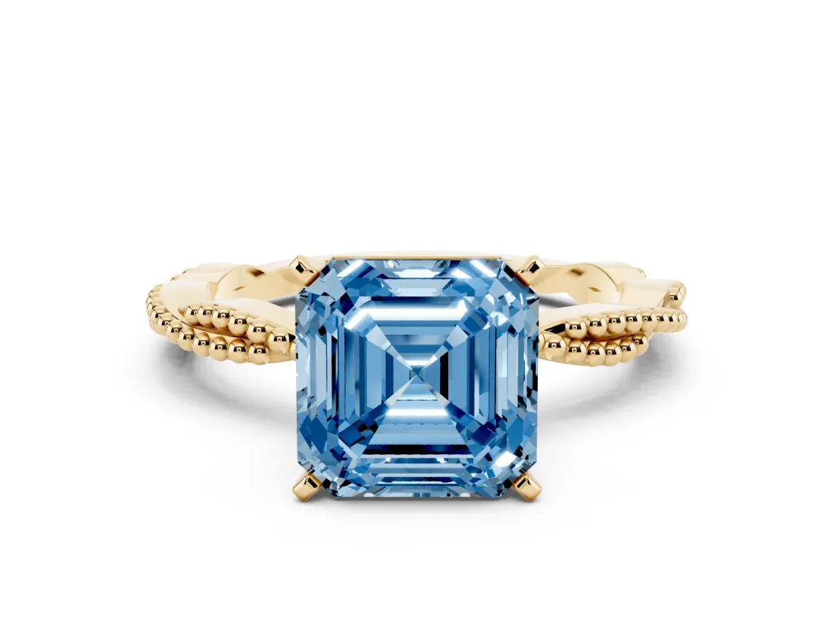 Fancy Blue Asscher Cut Solitaire Twisted Band with Bead Prong Setting Yellow gold