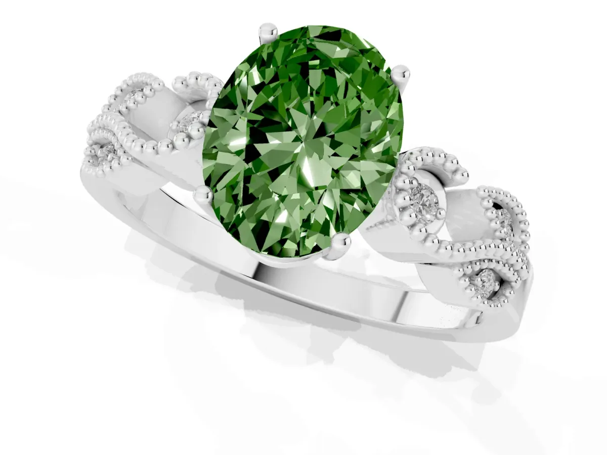 Fancy Green Oval Cut Solitaire Milgrain Leaf Band with Prong Setting Silver