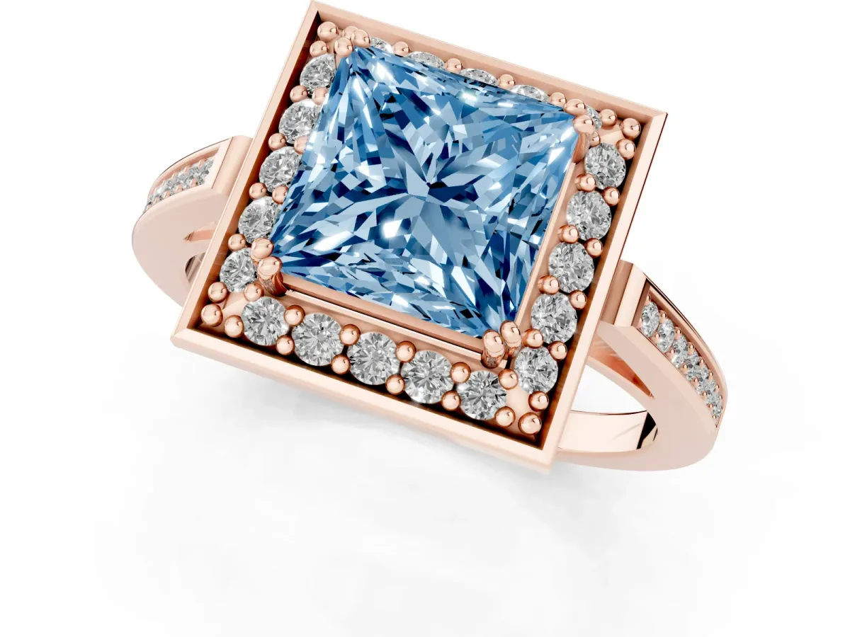 Fancy Blue Princess Cut Diamond Halo Ring with Split Shank and Four-Prong Setting Rose gold