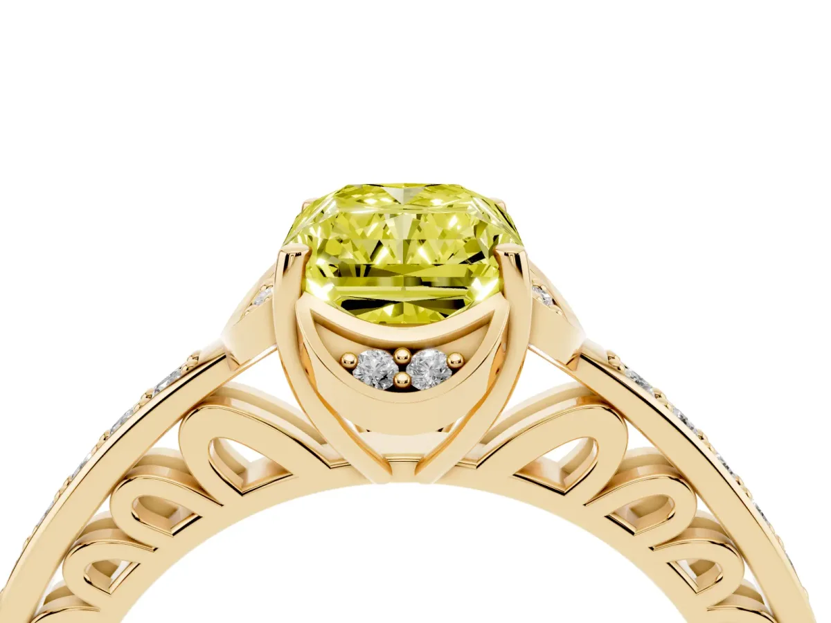 Fancy Yellow Radiant Cut Cut Halo Diamond Ring with Channel Set Band and Four-Prong Setting Yellow gold