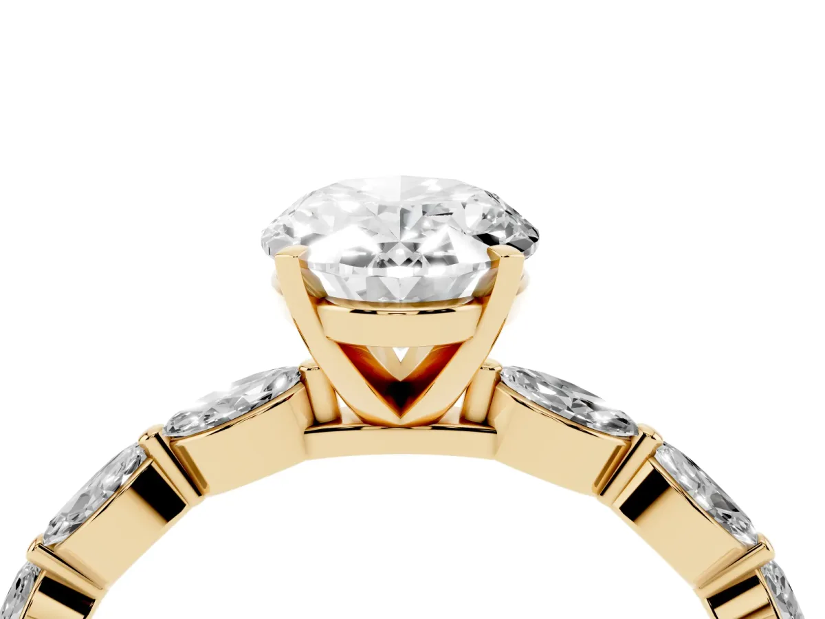 Oval Cut Diamond Ring with Marquise Side Stones and Prong Setting Yellow gold